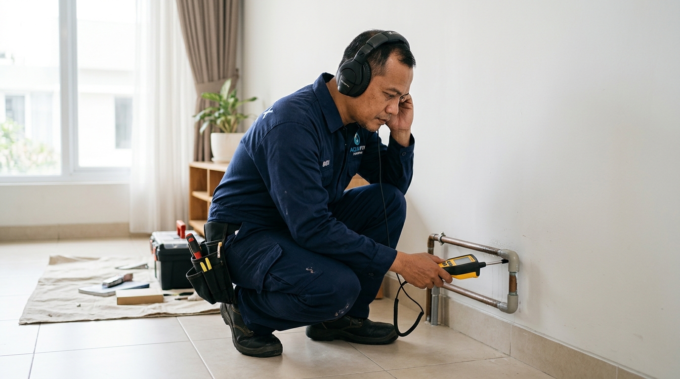 Teknisi profesional DeteksiBocor.com mendeteksi kebocoran pipa air akustik